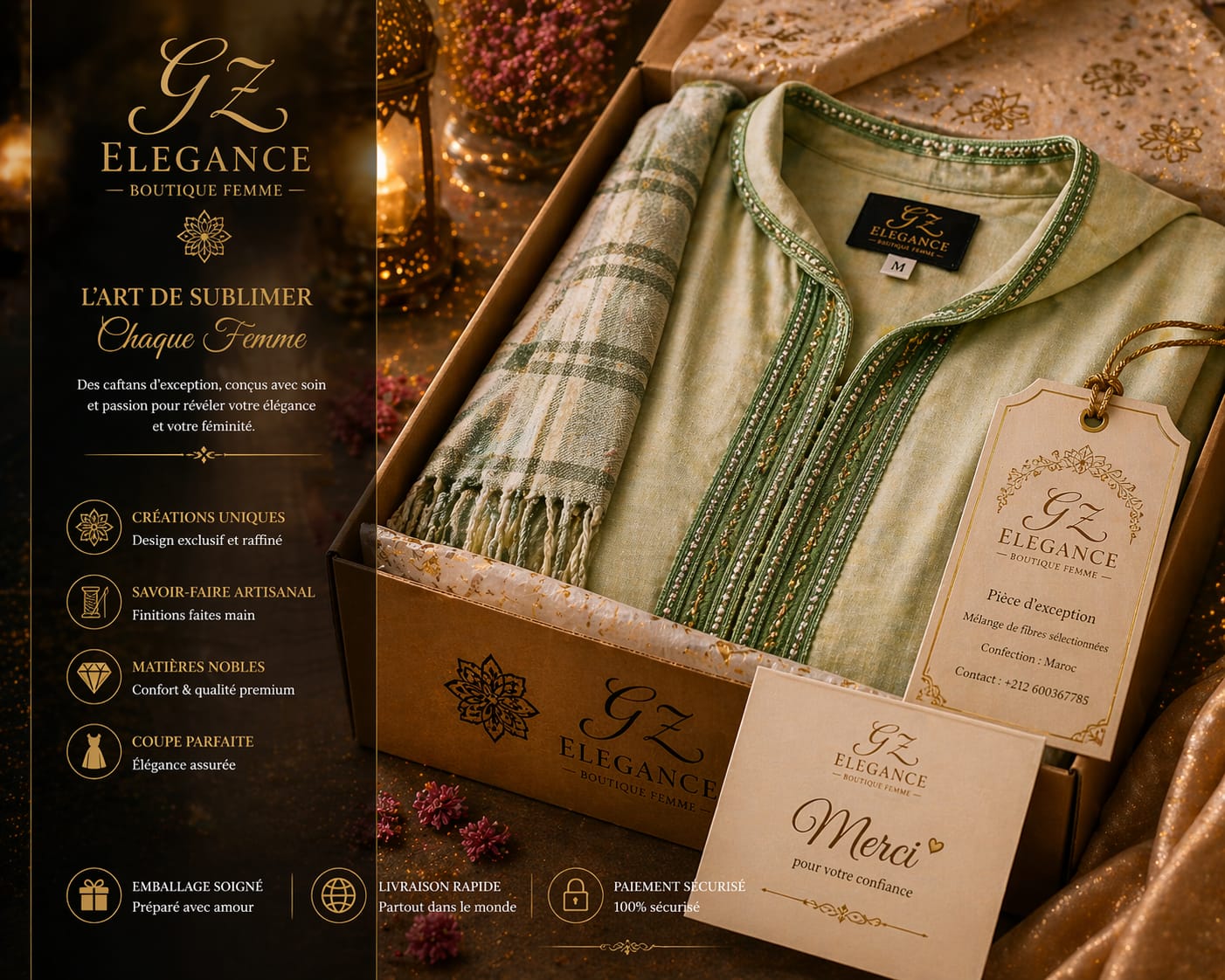 Sage Green Linen 4-Piece Set — Djellaba, Tunic, Pants & Shawl | Hand-Embroidered Sfifa | One of a Kind
