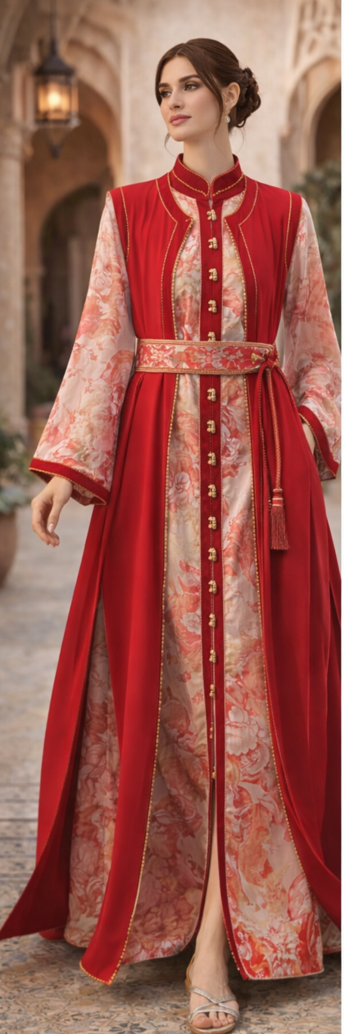 Caftan rouge artisanal brodé main vue détail — haute couture marocaine GZ Elegance
