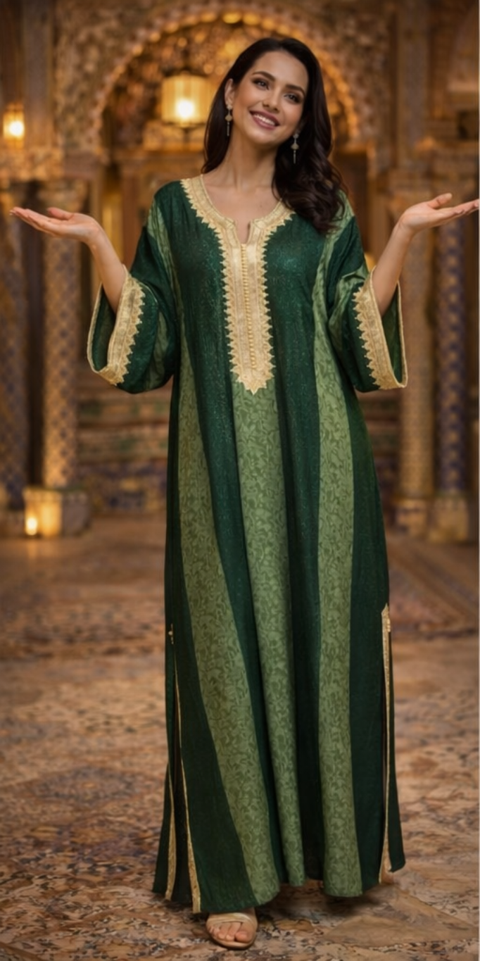 Emerald Green & Gold Velvet Kaftan — Hand-Embroidered Plastron & Gold Lace | Moroccan Luxury | One of a Kind