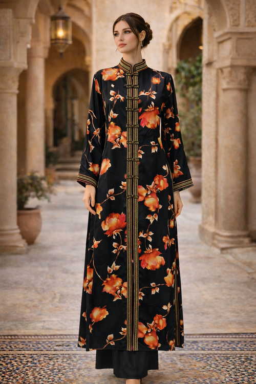 Caftan noir brodé main or vue détail — haute couture marocaine GZ Elegance
