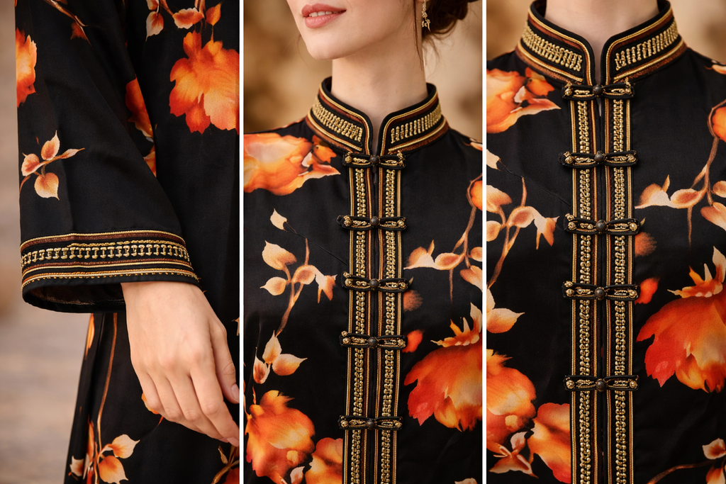 Caftan noir brodé main or vue détail — haute couture marocaine GZ Elegance
