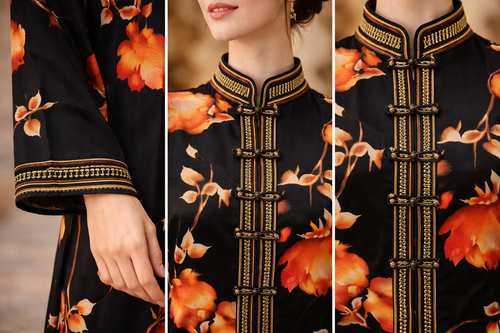 Caftan noir brodé main or vue détail — haute couture marocaine GZ Elegance
