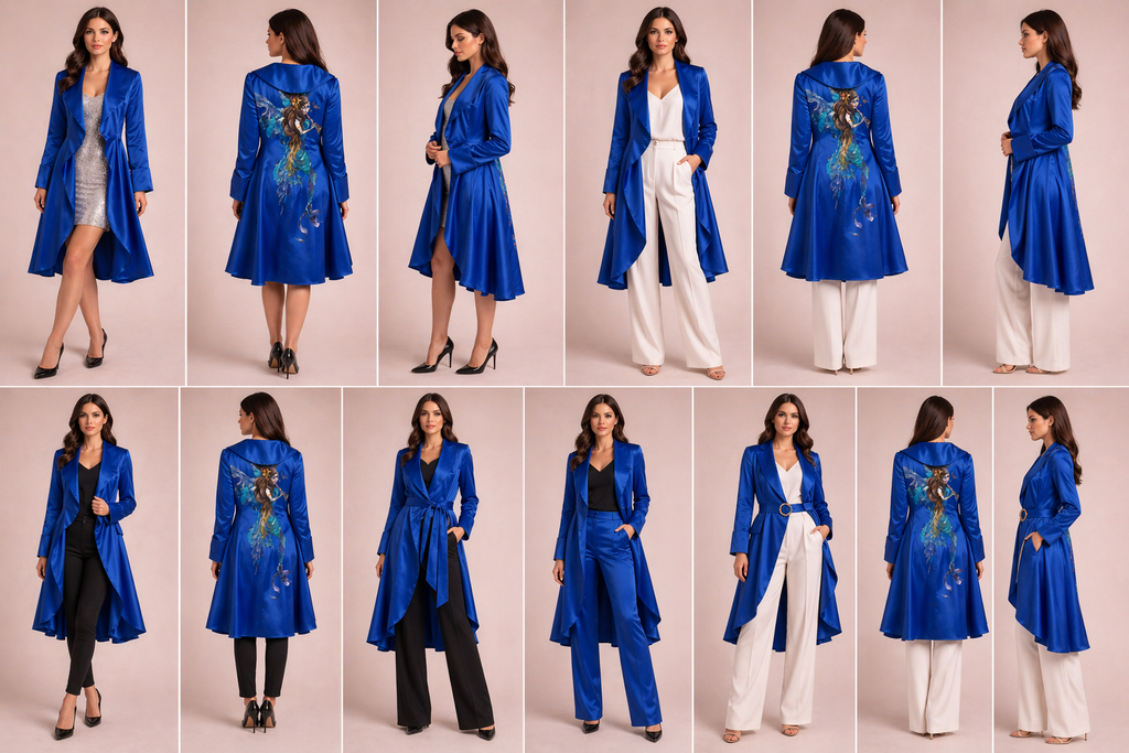 Veste bleu royal peinture main vue détail dos — wearable art marocain GZ Elegance
