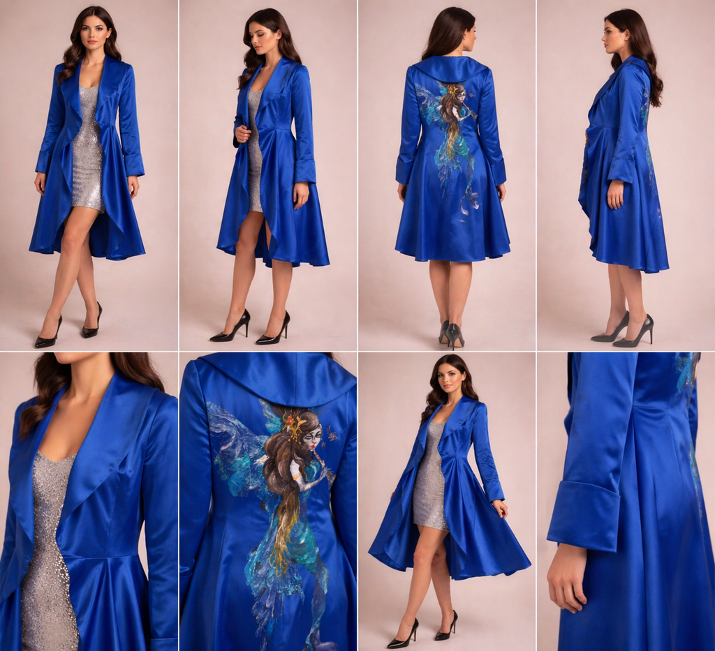 Veste bleu royal peinture main vue détail dos — wearable art marocain GZ Elegance
