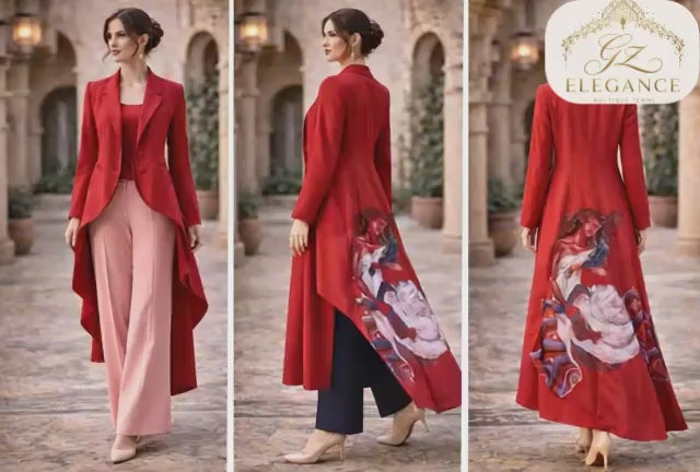 Veste rouge peinture main vue détail expressionniste — wearable art GZ Elegance
