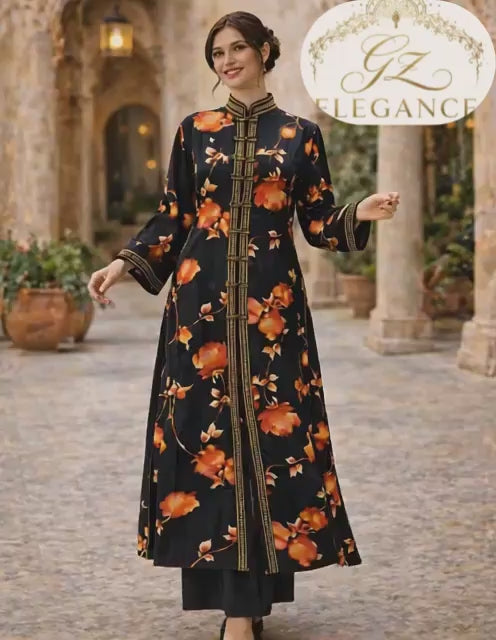 Caftan noir brodé main or vue détail — haute couture marocaine GZ Elegance
