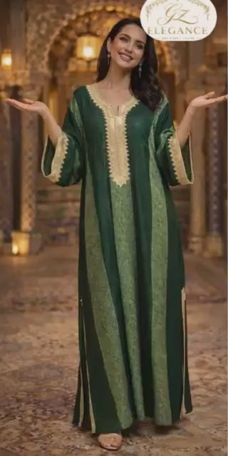Caftan vert or velours brodé main vue détail — haute couture marocaine GZ Elegance
