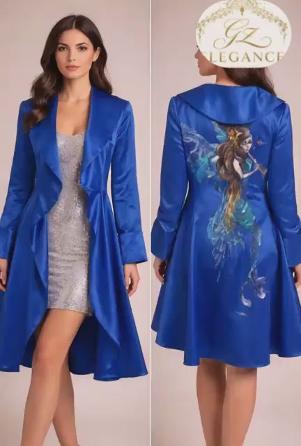 Veste bleu royal peinture main vue détail dos — wearable art marocain GZ Elegance
