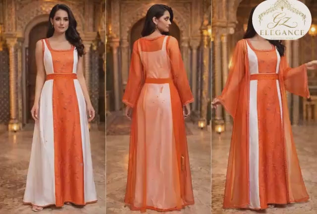 Caftan orange ivoire brodé main vue détail — haute couture marocaine GZ Elegance
