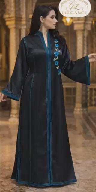 Caftan noir brodé main vue détail passementerie — haute couture marocaine GZ Elegance
