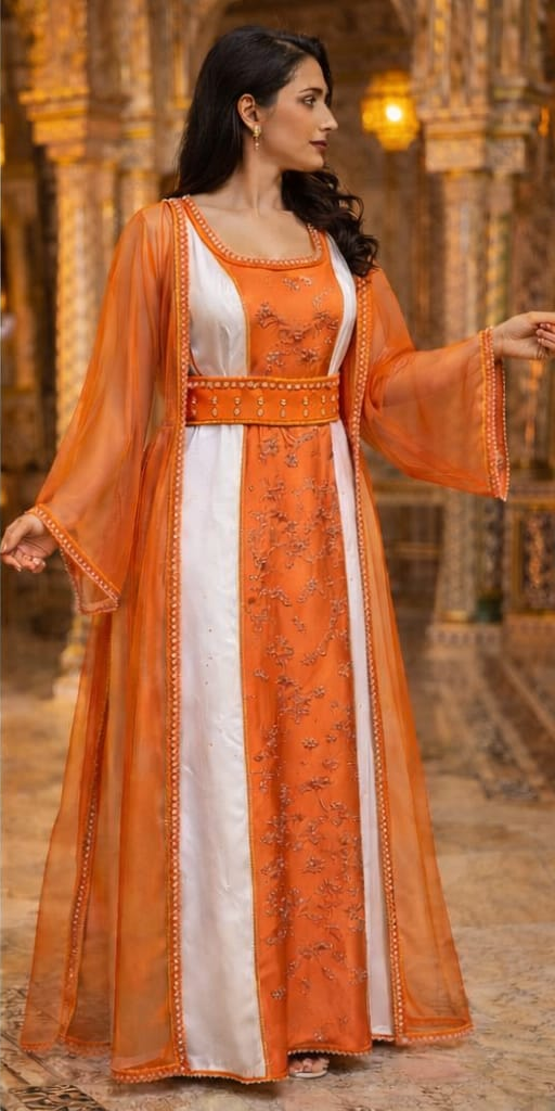 Caftan orange ivoire brodé main vue détail — haute couture marocaine GZ Elegance
